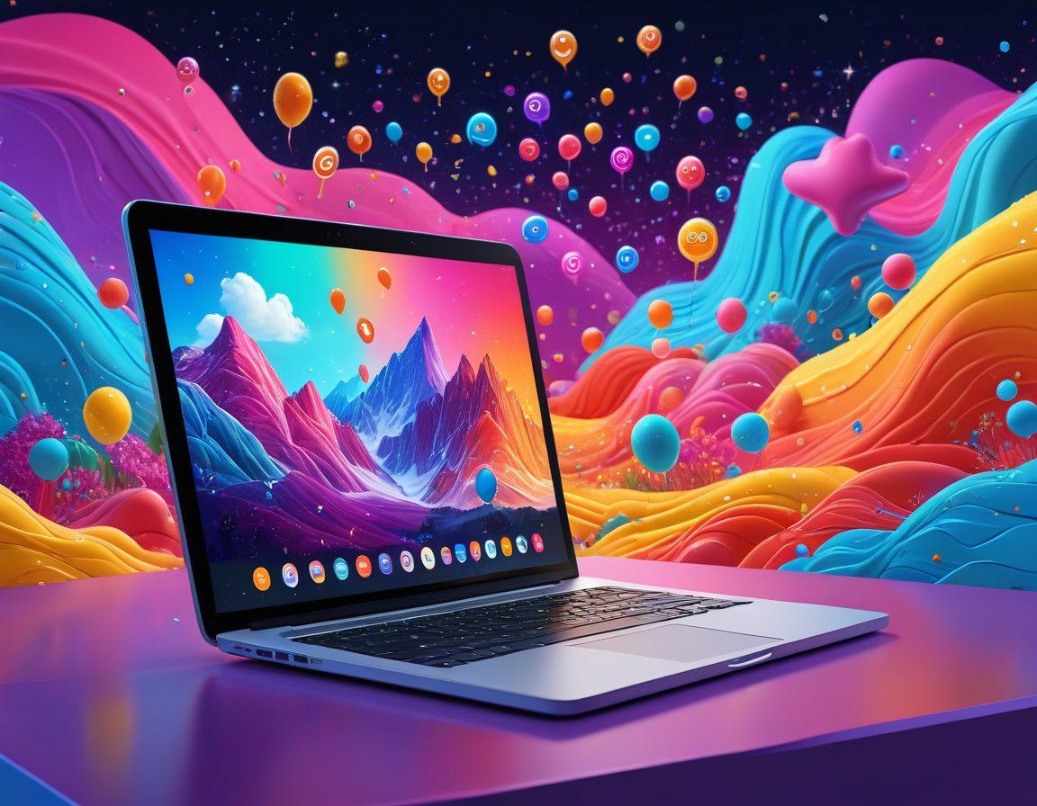 A vibrant digital landscape symbolizing joy and user satisfaction, featuring smiling users engaging with colorful feedback systems across various devices. Include elements like positive feedback bubbles, stars, and thumbs-up icons emanating from screens to represent enthusiasm. The background should have abstract swirls of bright colors to evoke a sense of happiness and innovation. super-realistic. vibrant colors. 3D.