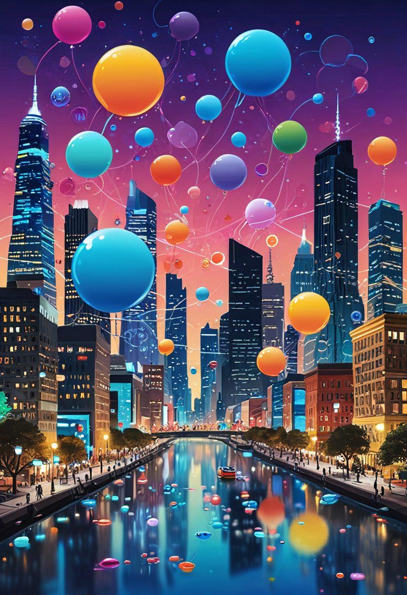 A whimsical landscape depicting a vibrant digital world, where colorful feedback bubbles float above joyful users interacting with screens. Each bubble represents different user feedback in various icons, radiating positive energy and satisfaction. The background should feature a futuristic city skyline with digital elements, symbolizing progress and connection. Use bright, cheerful colors to evoke a sense of happiness and engagement. vector art. vibrant colors.